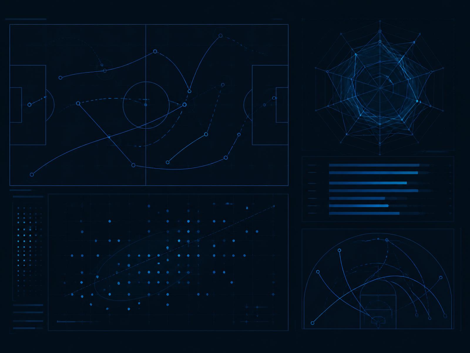 Abstract opponent analytics visualization with tactical diagrams, tendency charts, and statistical data points